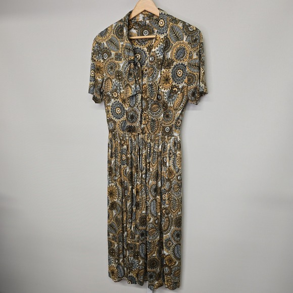 Dresses & Skirts - Vintage‎ Womens Paisley Print Midi Dress Button Up Short Sleeve Tie Neck